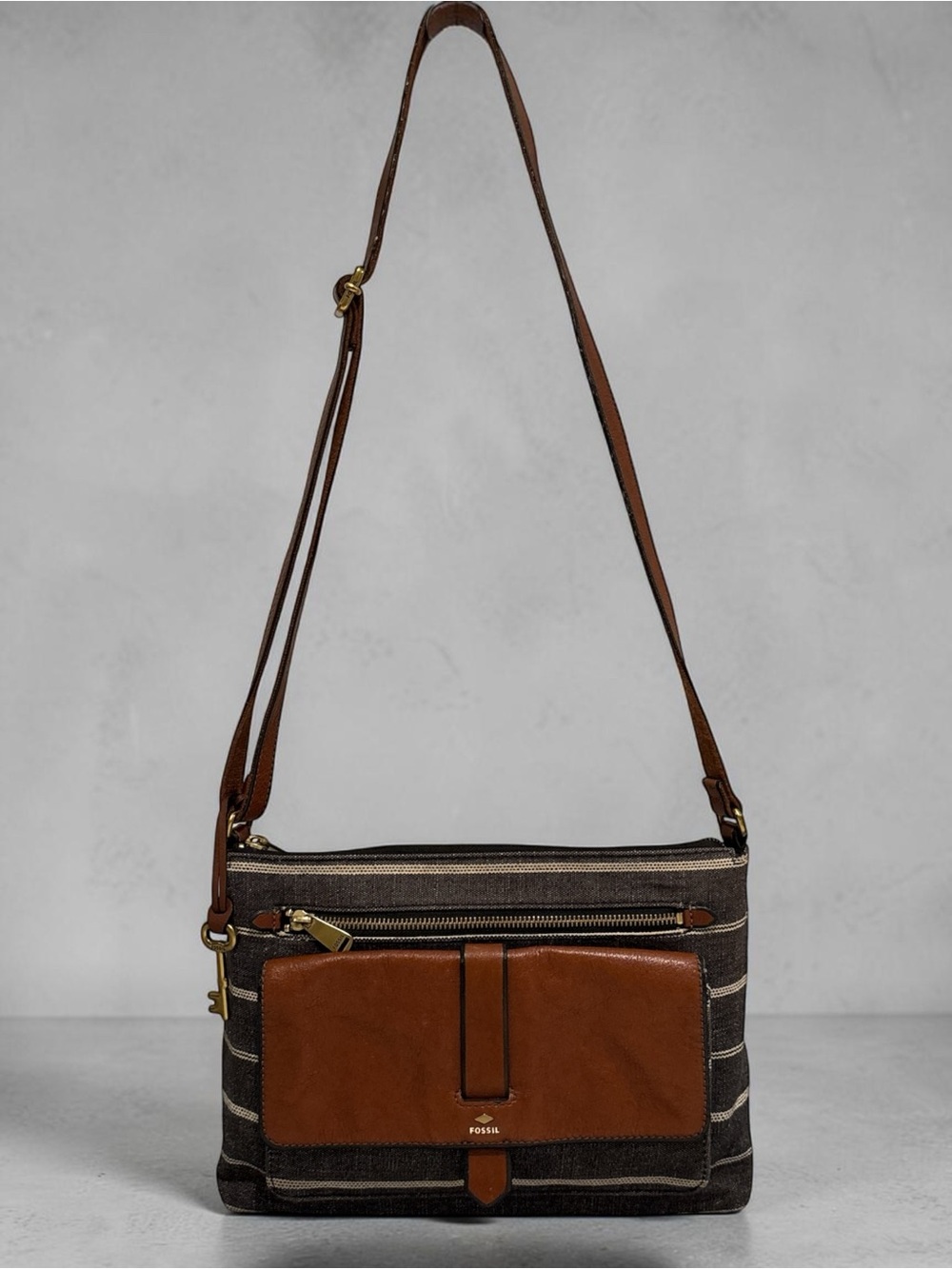 Fossil Kinley Crossbody Bag | Striped Canvas & Brown Leather Shoulder Purse